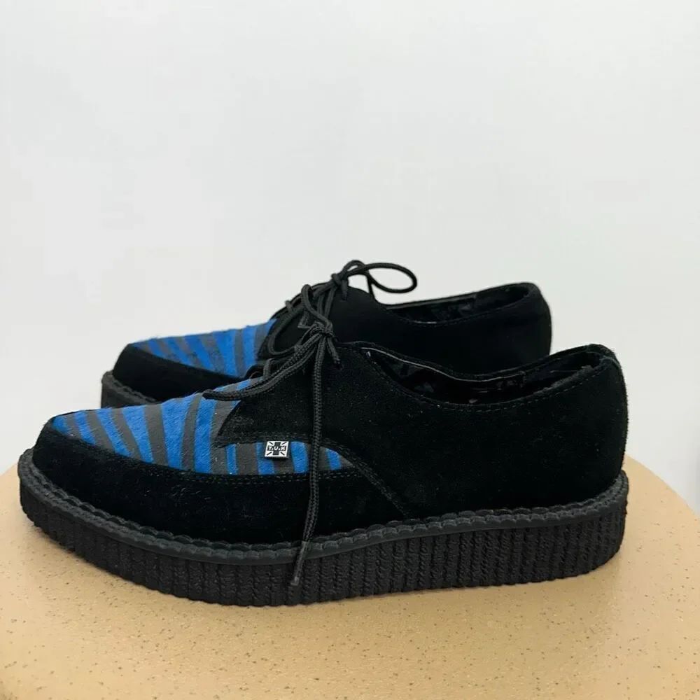 TUK Unisex Black Blue Zebra Print Suede Leather Almond Toe Lace Up Platform Cree - Picture 10 of 10